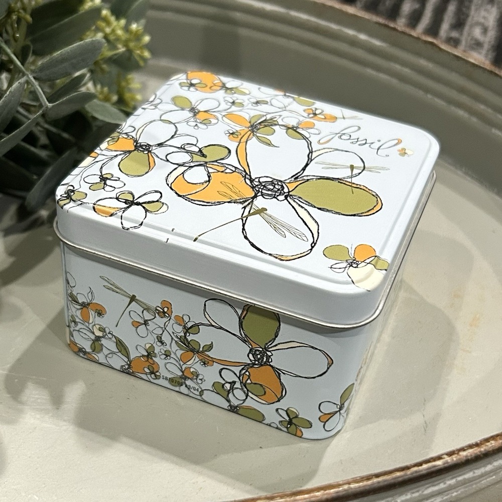 Decorative FOSSIL Floral Designed Blue Bohemian Tin‎ Container